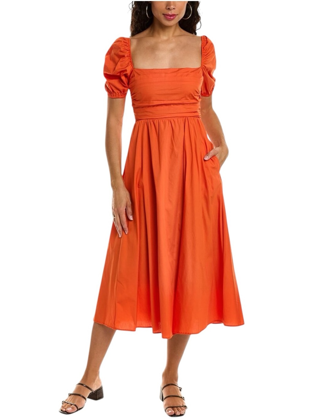 O.P.T River Midi Dress Orange Puff Sleeve Cotton Midi Pockets Size Large